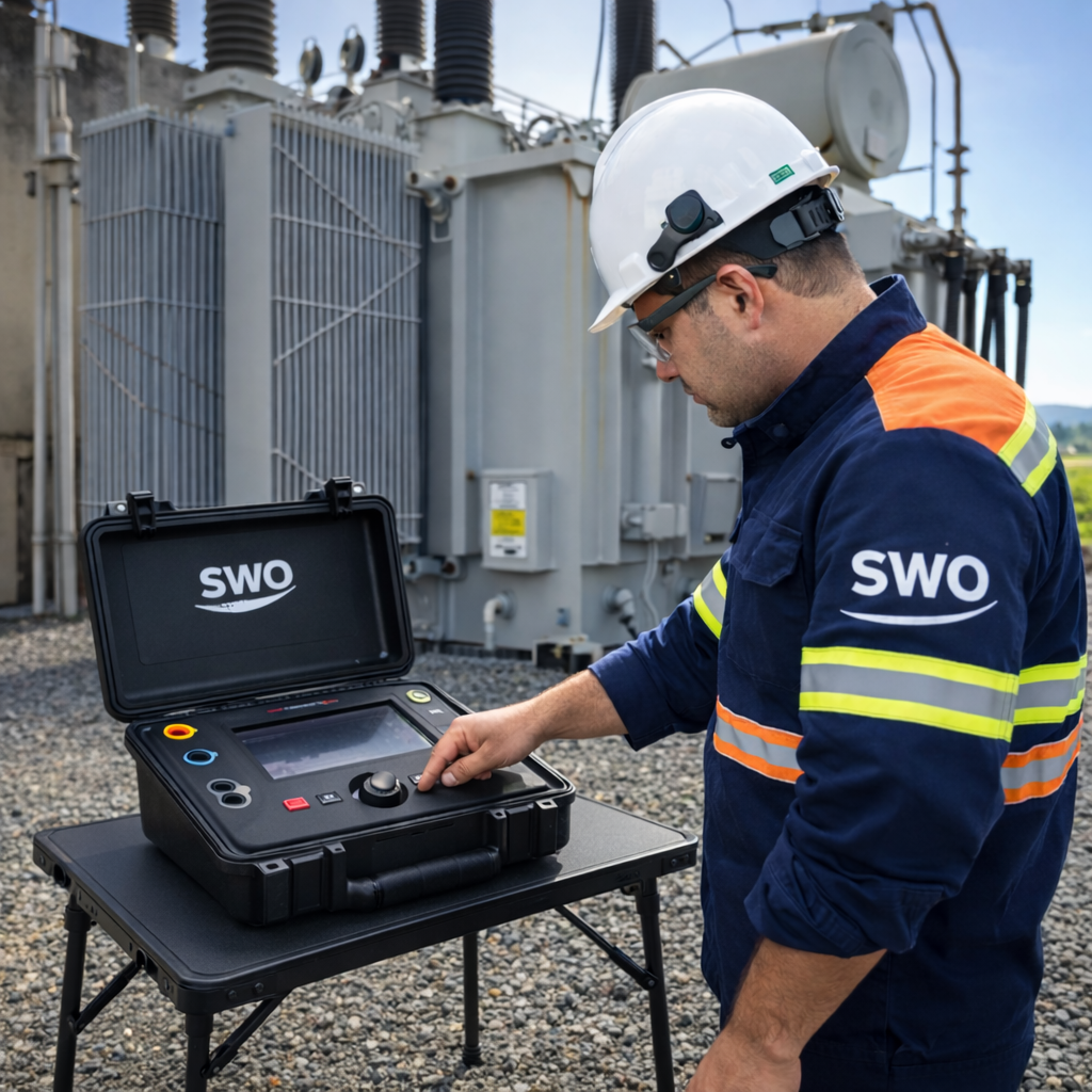 Profissional de engenharia elétrica com equipamentos de segurança