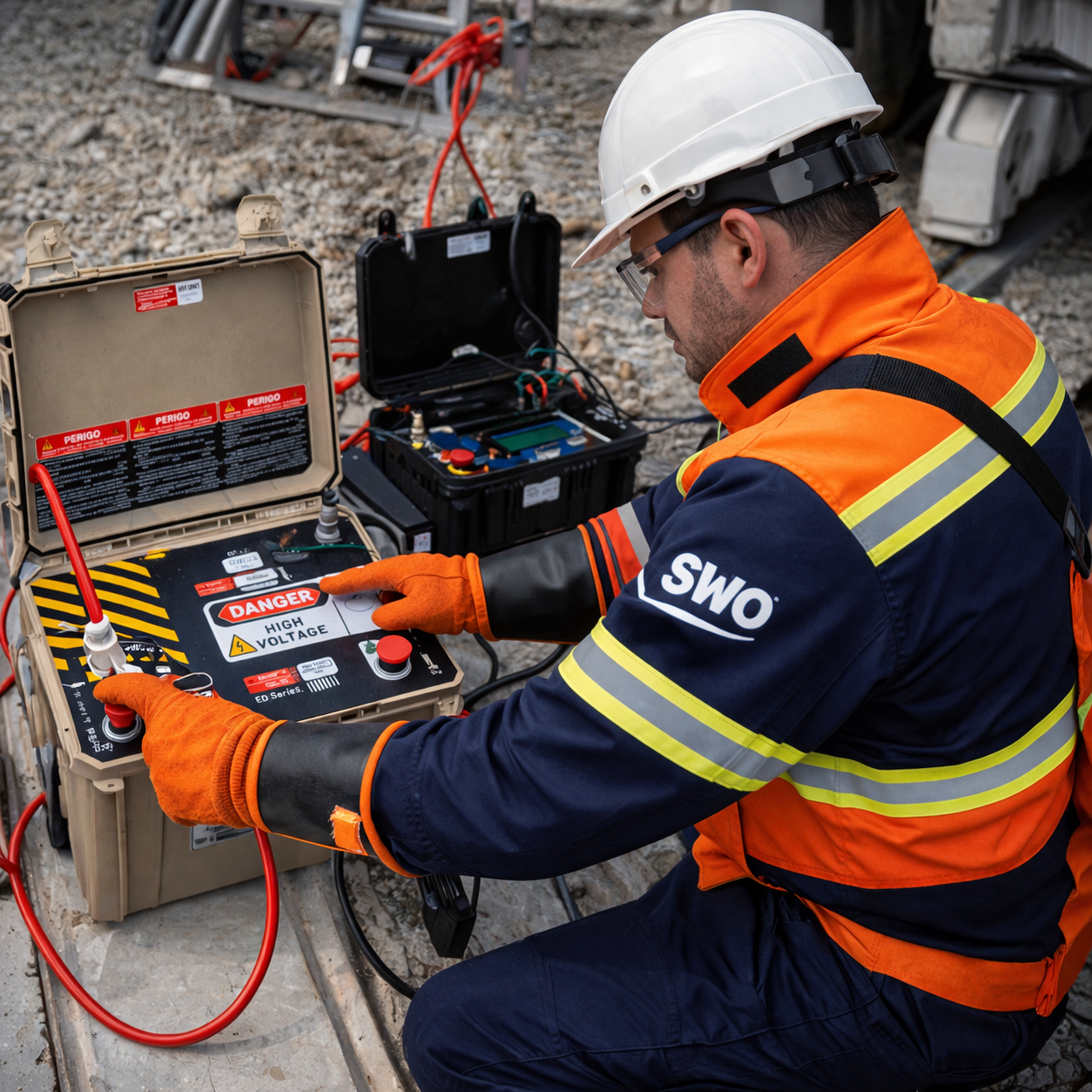 Profissional de engenharia elétrica com equipamentos de segurança